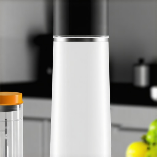 A modern portable water filter carafe on a kitchen counter, ready for brewing.
