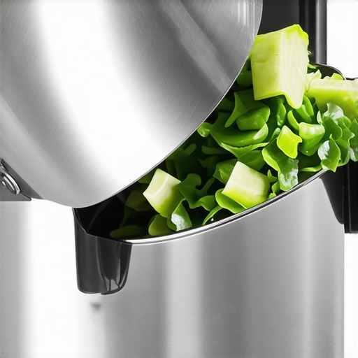 Close-up image of a shiny stainless steel food processor blade slicing vegetables.