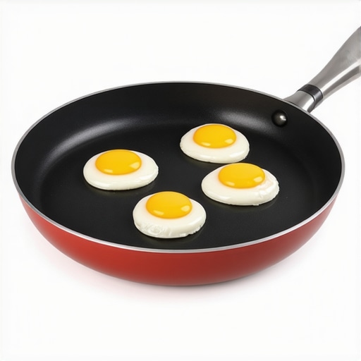 Non-stick fry pan with eggs and pancakes being cooked.