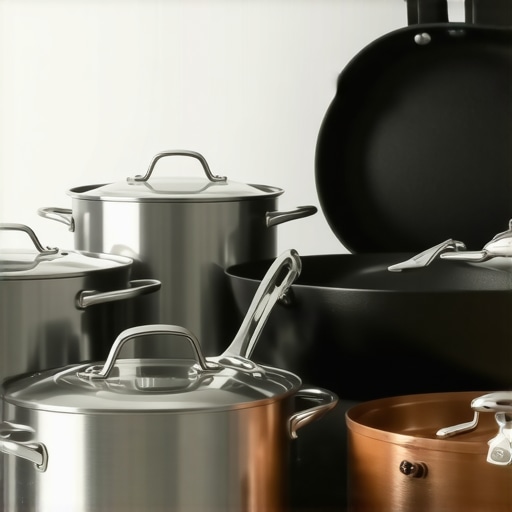 An assortment of high-end cookware such as stainless steel, cast iron, and copper pans on a modern kitchen counter.
