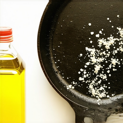 Bottle of vegetable oil near cast iron skillet during seasoning process.