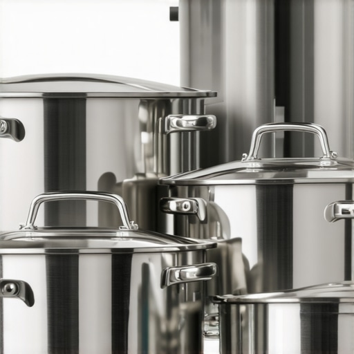 Premium stainless steel cookware with reflective finish arranged on a kitchen counter.