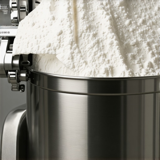 Close-up view of a metallic adjustable clamp attached to a stand mixer