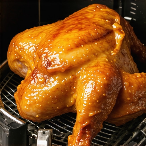 Close-up of a stainless steel air fryer roast basket filled with evenly roasted chicken