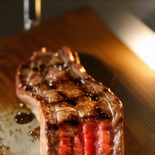 Copper-Core Fry Pan with seared steak displaying grill marks on stovetop.