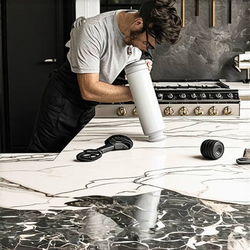 Professional applying marble sealant to a kitchen counter