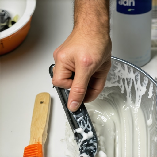 Person applying rubber grip coating to a mixing bowl in a kitchen setting