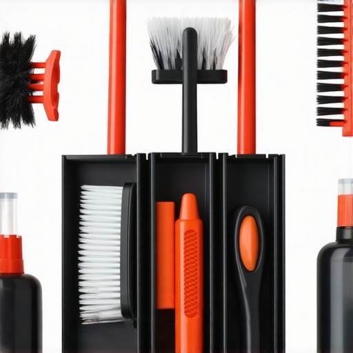 Professional espresso cleaning kit with tools and solutions arranged neatly.