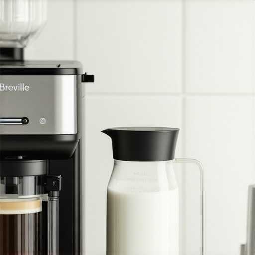 Home barista using Breville espresso machine with milk frothing pitcher
