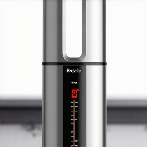 Modern kitchen with Breville sous vide cooker on the counter, displaying digital interface.