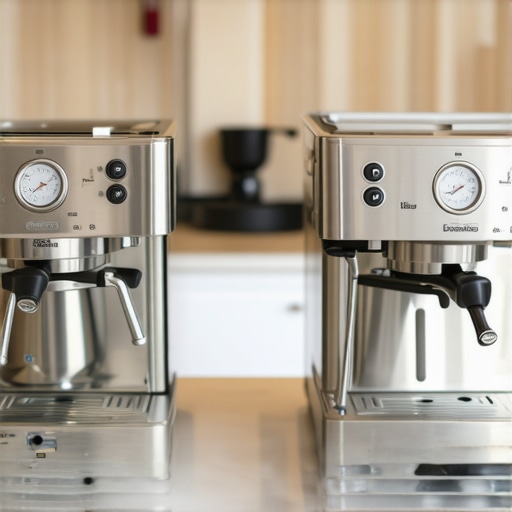 Two espresso machines, one pro and one budget-friendly, in a stylish kitchen setting