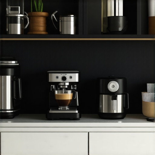 Modern kitchen showcasing high-end espresso machine, cookware, stand mixer, and air fryer