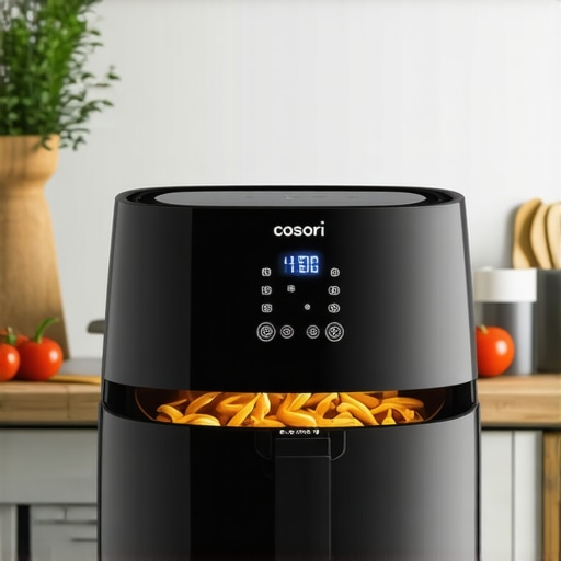 Modern kitchen with Cosori Air Fryer Max XL on countertop.