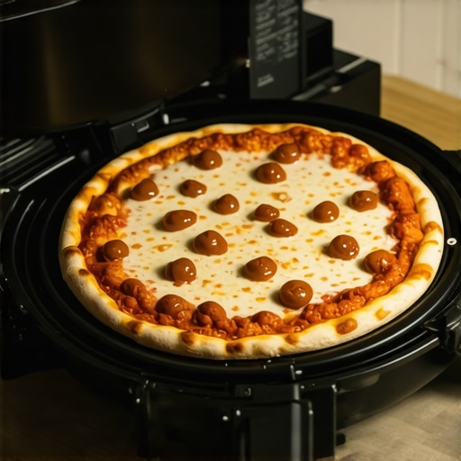 Close-up of pizza baking on a pizza stone inside an air fryer with crispy crust