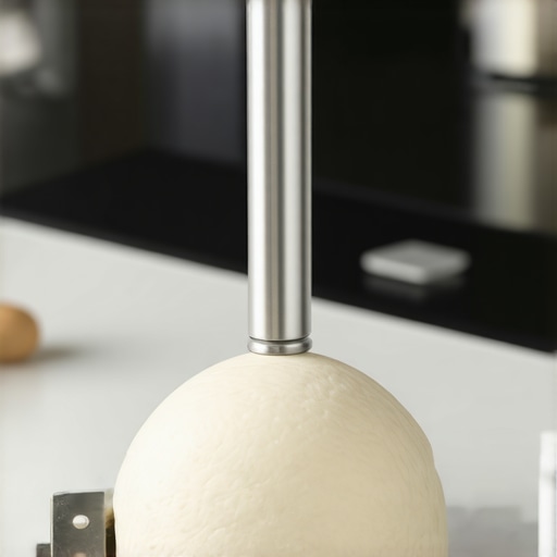A person using the DoughEase cleaning tool on a stand mixer hook in a professional kitchen.