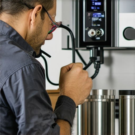 Electrician wiring a dedicated 20-amp circuit in a contemporary kitchen for espresso machine power setup.