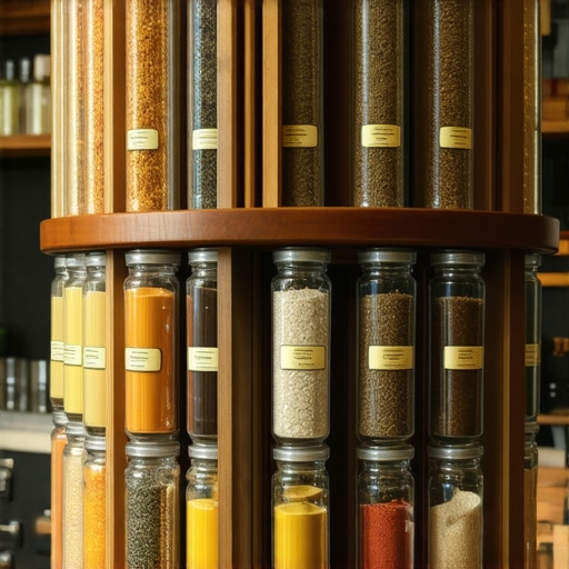 Decorative wooden spice carousel with jars in a gourmet kitchen