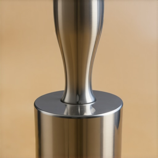 A sleek titanium espresso tamper with ergonomic handle and weighted base for balanced tamping.