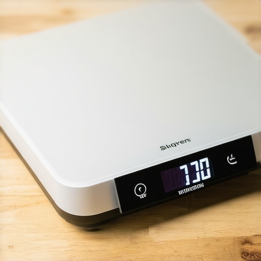 A digital kitchen scale displaying weight measurements on a wooden countertop.