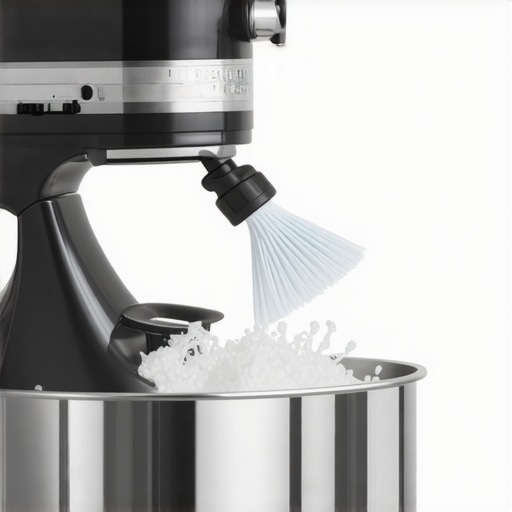 A flexible cleaning brush reaching under a stand mixer for effective deep cleaning