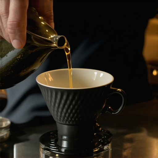 Close-up of brewing process with Hario V60 ceramic dripper and pour-over technique.