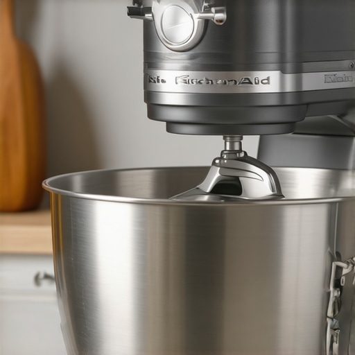 Stylish KitchenAid Artisan mixer with dough hook, ready for baking.