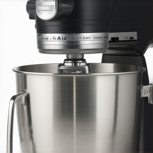 A classic KitchenAid Artisan stand mixer with various attachments on a kitchen countertop