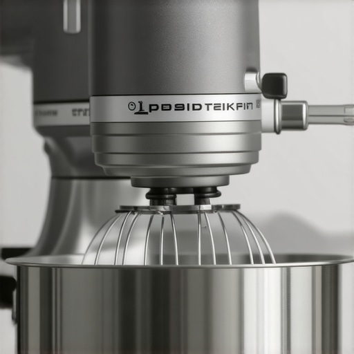 A sleek KitchenAid Artisan stand mixer with attachments