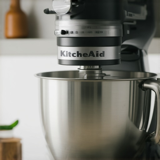 View of a colorful KitchenAid Artisan Stand Mixer on a kitchen countertop.