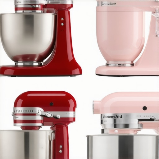 Comparison image of KitchenAid Artisan and Hamilton Beach stand mixers on a kitchen counter.