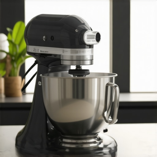 Stylish KitchenAid Professional 600 Series mixer on a kitchen countertop with mixture inside.