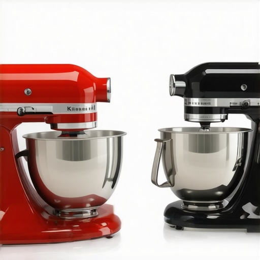 KitchenAid and SMEG mixers on kitchen counter with flour and baking tools.