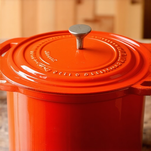 Vibrant red Le Creuset Dutch oven on a kitchen table