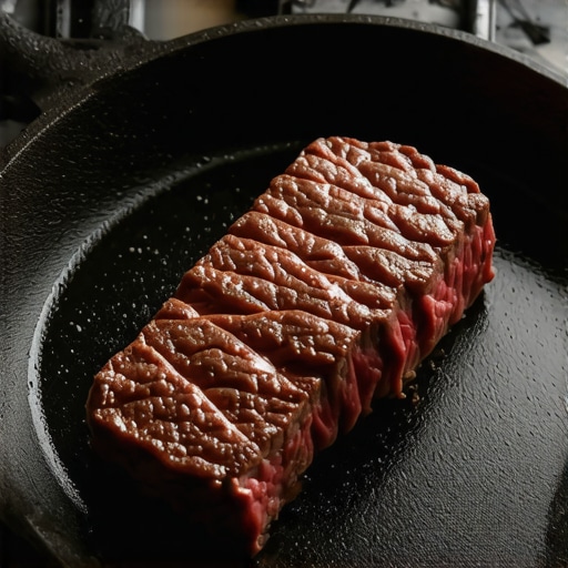 Enameled cast iron skillet searing steak with visible crust