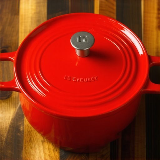 Le Creuset Dutch oven with lid on a kitchen table, showcasing vibrant color and sturdy design.