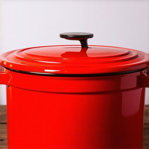 Le Creuset Enameled Cast Iron Dutch Oven Red Le Creuset Dutch oven with lid in a cozy kitchen setting.