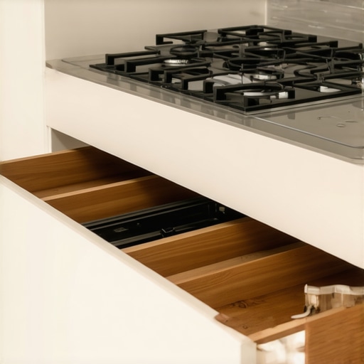 Close-up of a sophisticated kitchen drawer with premium organization system.
