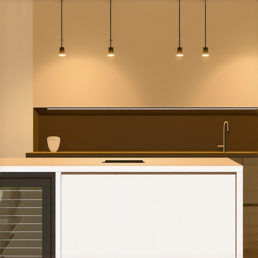 Stylish luxury kitchen illuminated with pendant and recessed lights