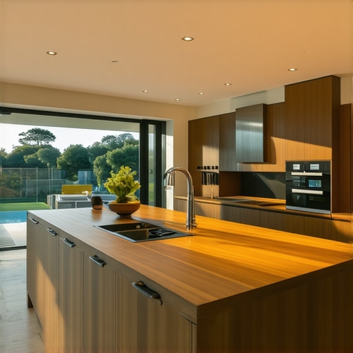 A spacious, elegant kitchen featuring a marble island and smart home features.