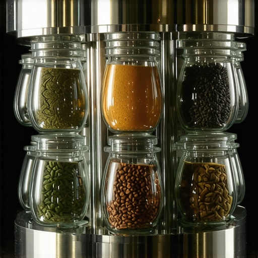 A shiny, chrome-finished rotating spice carousel with labeled glass jars