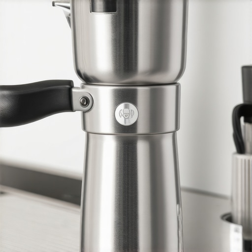 Close-up of premium stainless steel espresso portafilter with ergonomic handle.
