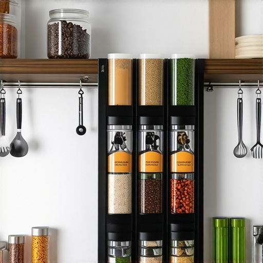 Magnetic spice jars attached to metal backsplash in a sleek kitchen