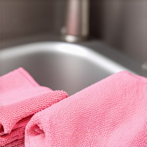 Close-up of microfiber cloths wiping a stainless steel sink
