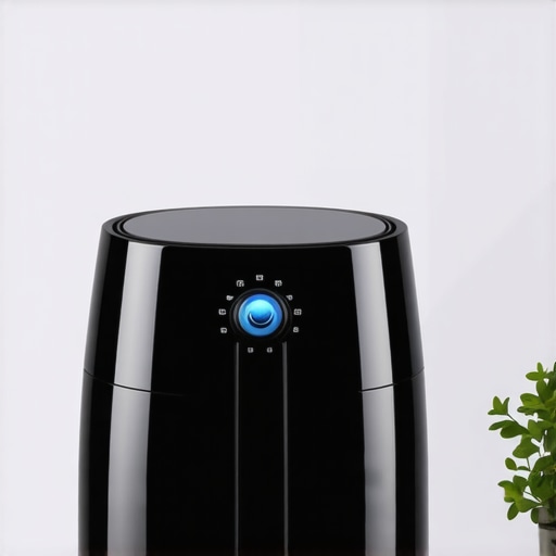 A sleek modern air fryer sitting on a kitchen countertop, ready for use