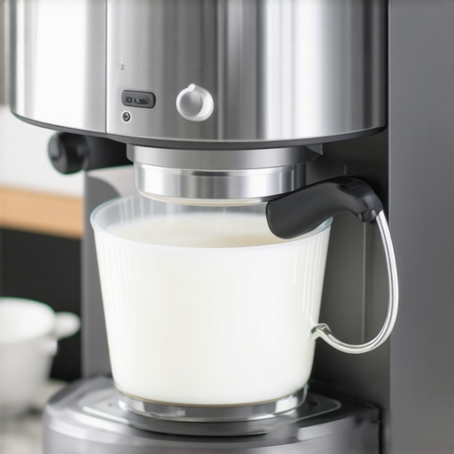 A contemporary espresso machine steaming milk in a cozy kitchen