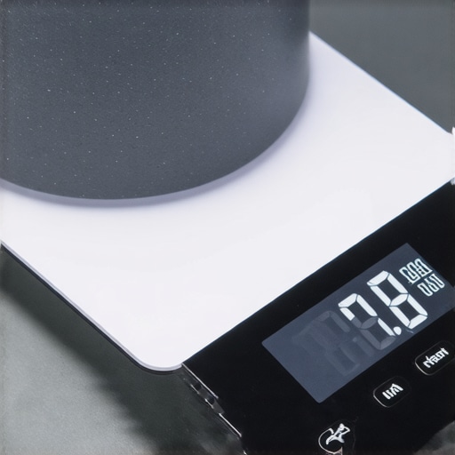 A modern digital kitchen scale showing precise weight measurement on a sleek surface.