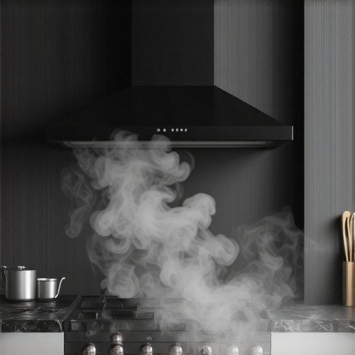 Modern kitchen with sleek range hood demonstrating powerful ventilation.