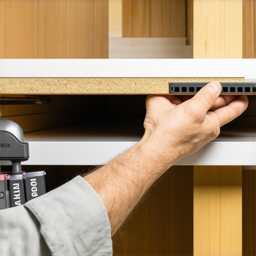 Person stacking shims under cabinet to adjust levelness.
