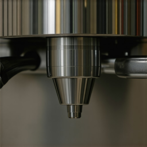 Close-up shot of a professional-grade stainless steel bottomless portafilter attached to an espresso machine for shot clarity