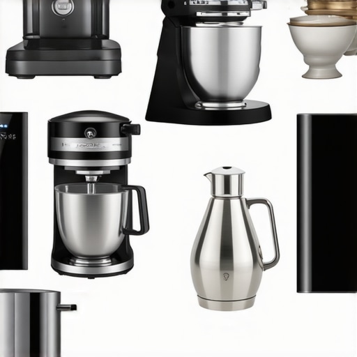 A beautifully arranged set of luxurious kitchen appliances including stand mixers, espresso machines, air fryers, and cookware.